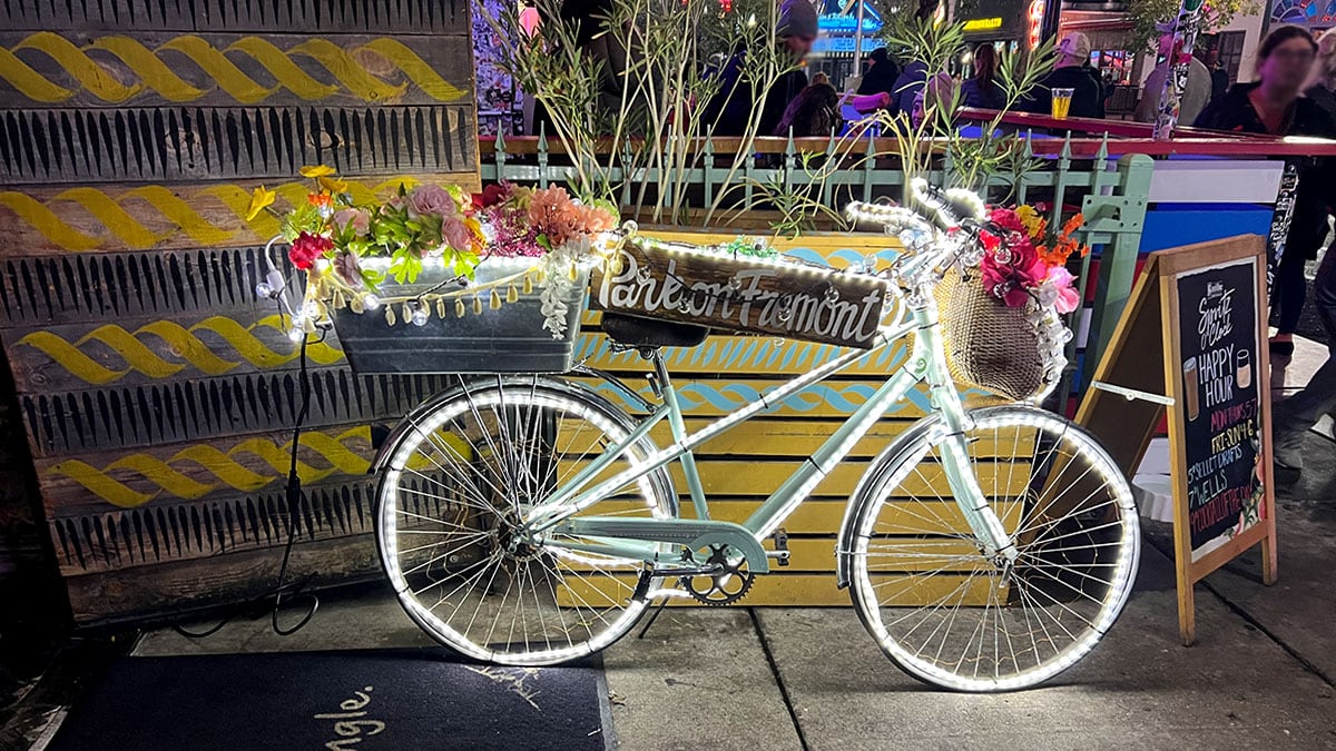 Entrance to Park on Fremont in downtown Las Vegas featuring eclectic decor and a playful, inviting design.