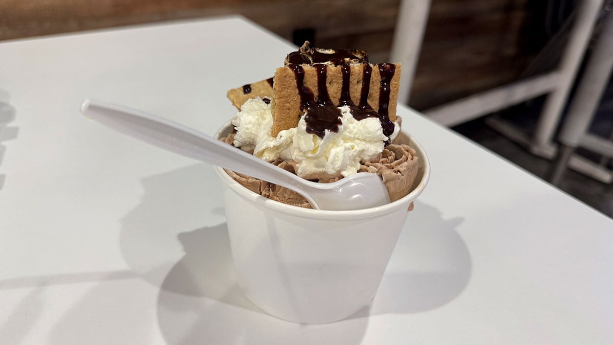 s’mores rolled ice cream with graham crackers marshmallows chocolate and whipped cream at creamberry las vegas