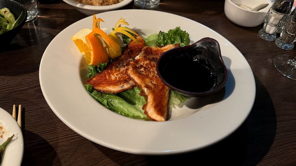 Salmon teriyaki entrée served with sesame seeds at Ohjah Japanese Steakhouse