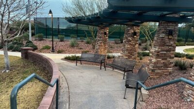 A seating area with benches at Sagemont Park in the Summerlin neighborhood of Las Vegas.
