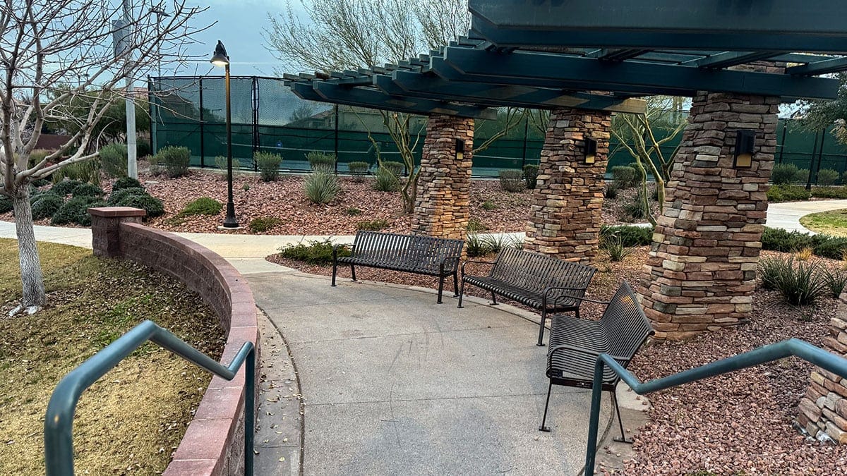 A seating area with benches at Sagemont Park in the Summerlin neighborhood of Las Vegas.