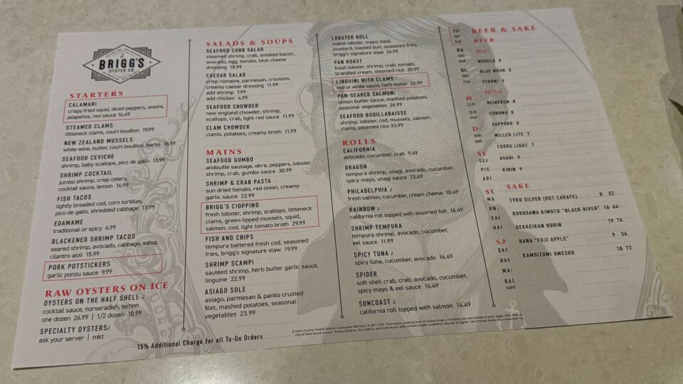 Briggs Oyster Co. menu displaying seafood dishes including oysters, fish tacos, and fish and chips
