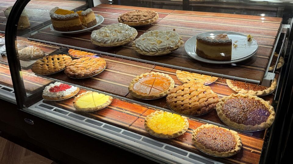 Cakes and pies displayed in the dessert fridge at Du-Par's Restaurant and Bakery at Suncoast Casino