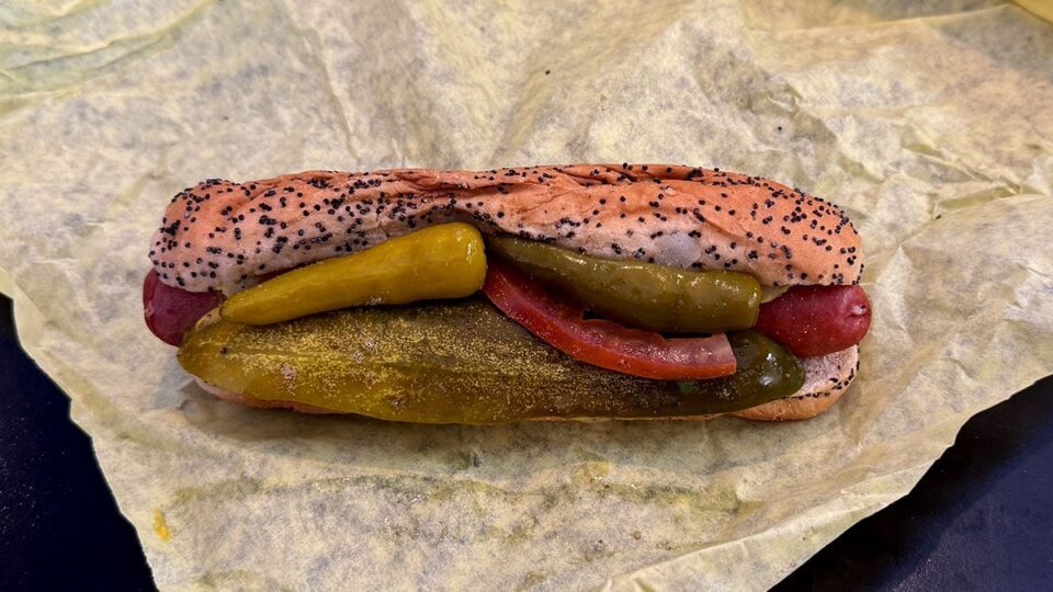 Chicago style hot dog with all traditional toppings on a poppy seed bun at Windy City Beefs-N-Dogs.