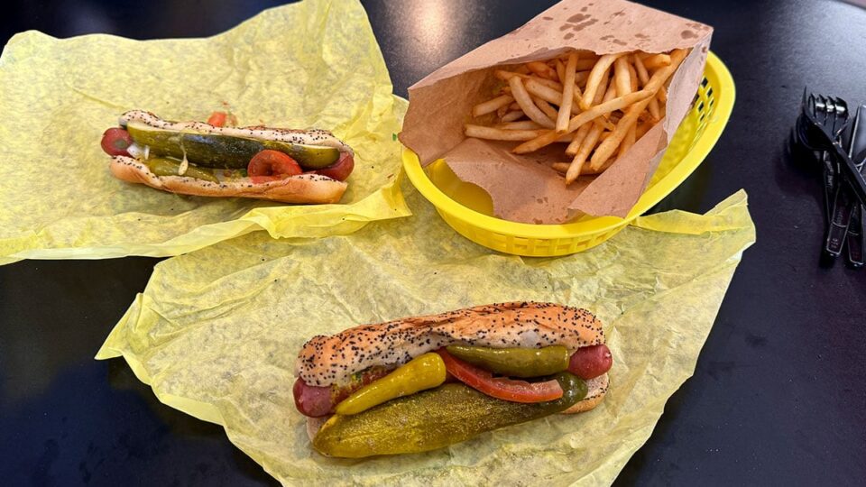 Two Chicago style hot dogs with fries at Windy City Beefs-N-Dogs in Las Vegas.