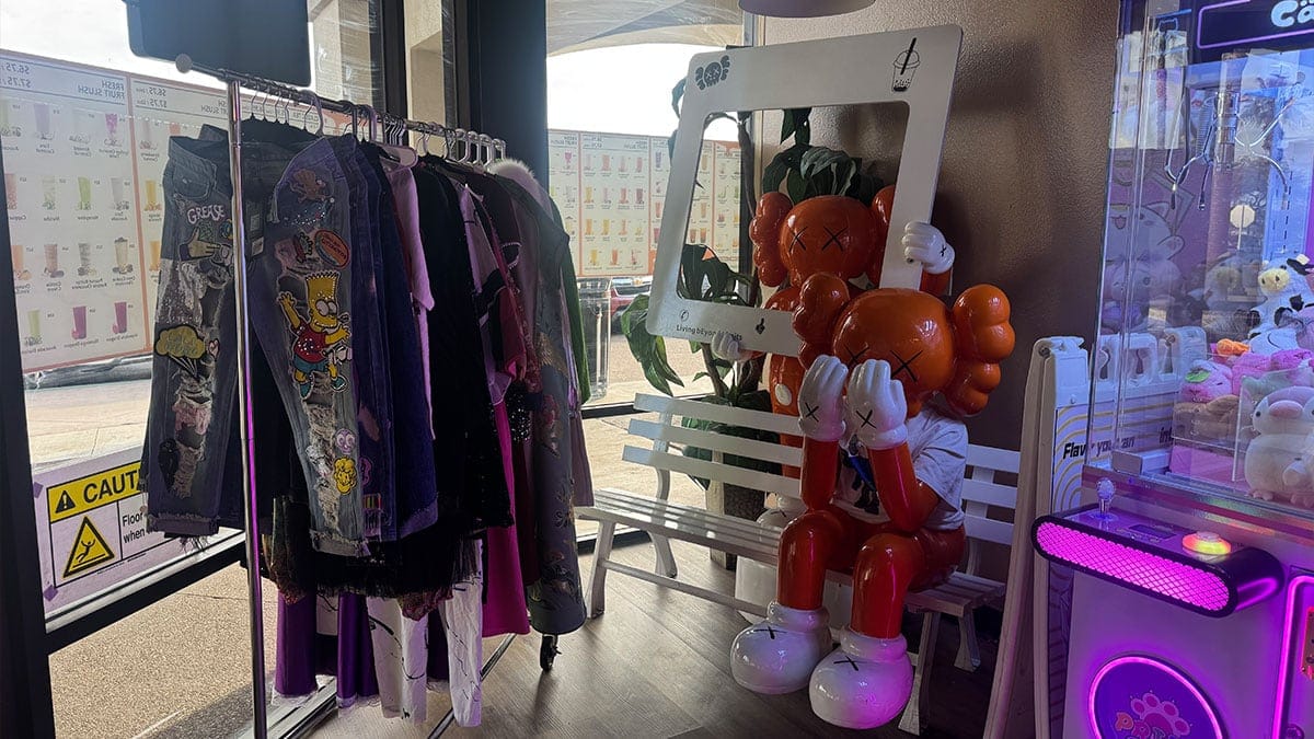 Clothing and accessories displayed for sale inside Domie’s Boba Tea on Lake Mead in Las Vegas.