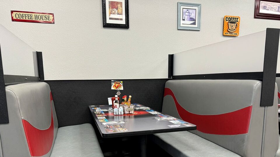 Cozy diner booth seating inside Jamms Restaurant in Las Vegas