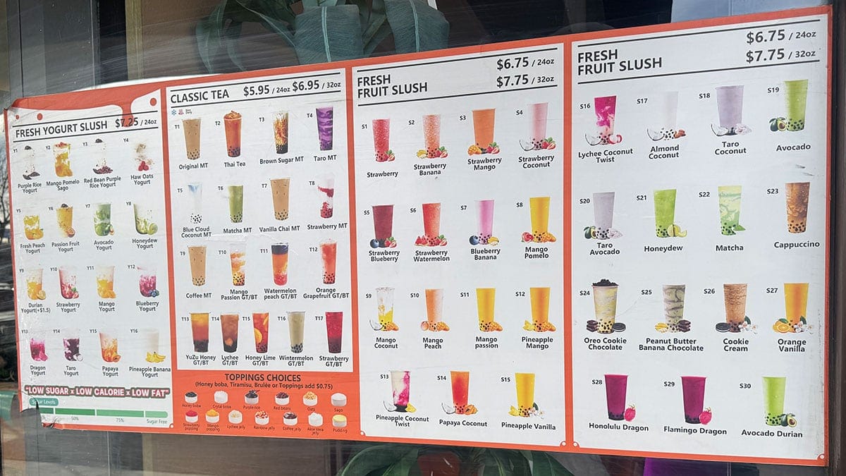 Drink menu at Domie’s Boba Tea on Lake Mead in Las Vegas.