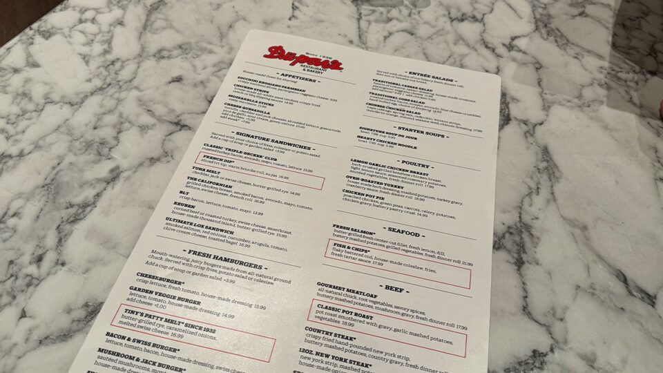 Full diner menu at Du-Par's Restaurant and Bakery inside Suncoast Casino