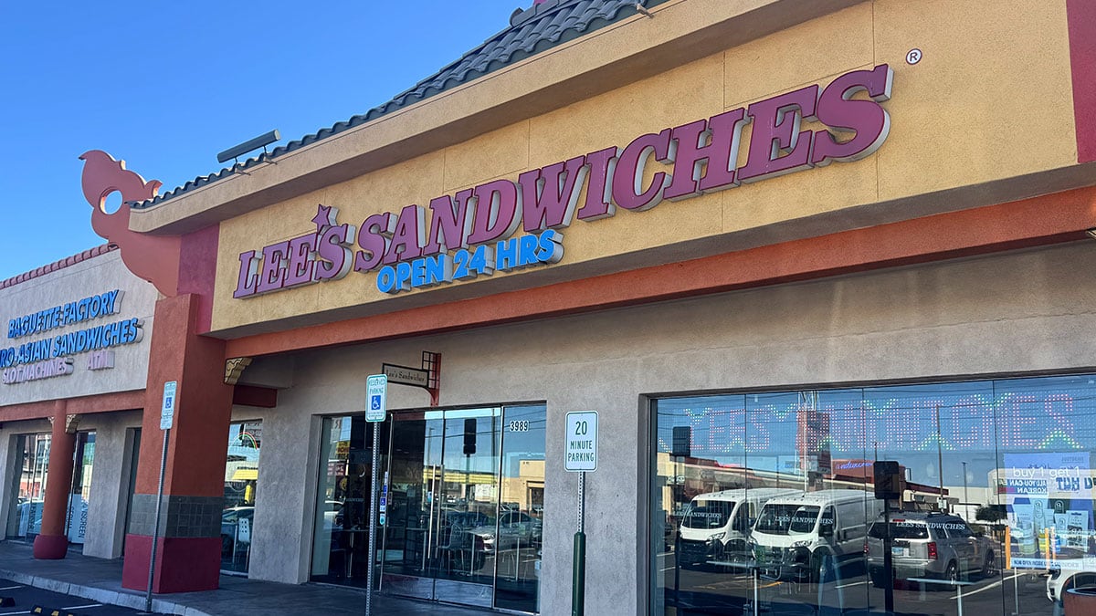 Outside view of the Lee’s Sandwiches location on Spring Mountain Road showing the storefront and signage.