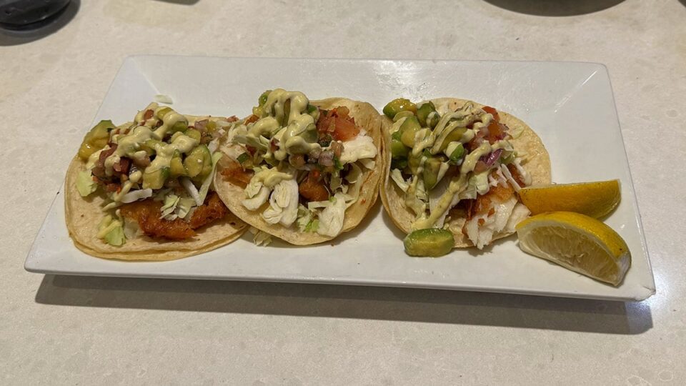 Fish tacos with lightly breaded cod, pico de gallo, and shredded cabbage at Briggs Oyster Co.