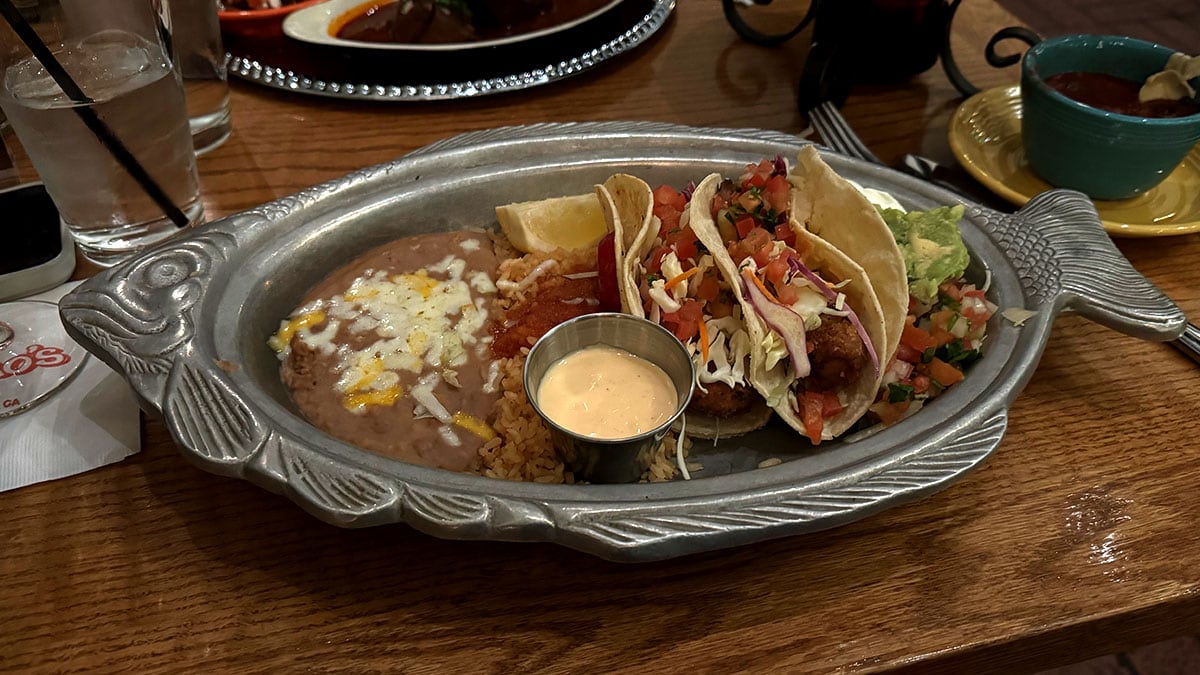 Beer battered Mahi-Mahi fish tacos in corn tortillas with shredded cabbage, pico de gallo, and chipotle sour cream, served with rice and beans at Pancho’s Mexican Restaurant in Summerlin.
