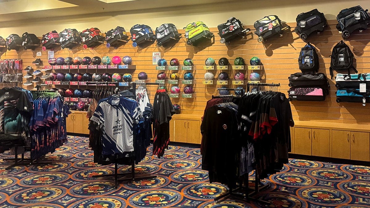 Pro shop inside Suncoast Lanes at Suncoast Casino featuring bowling balls, shoes, and accessories.