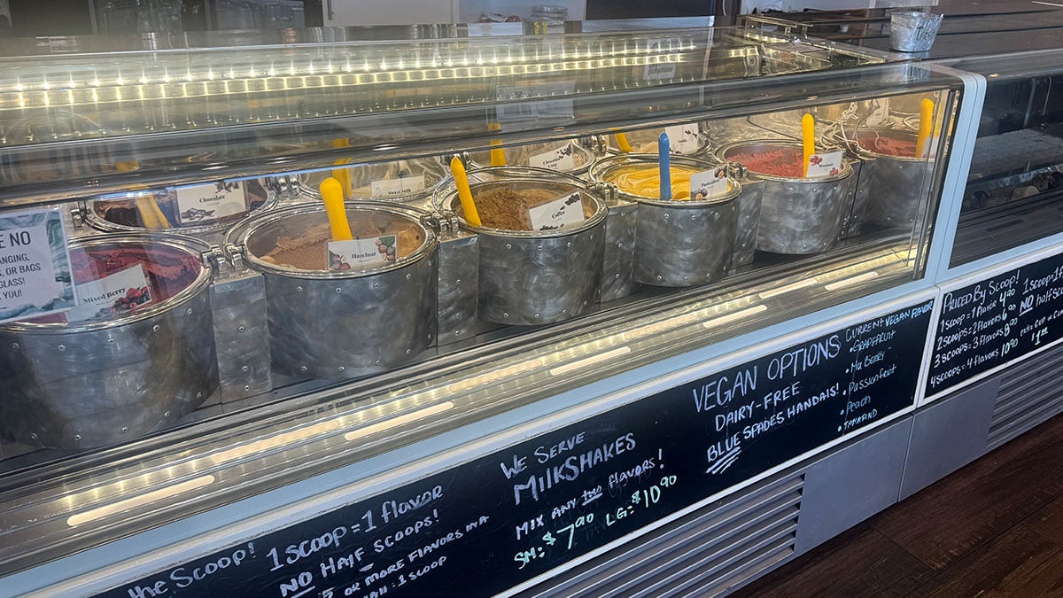 Close-up of fresh housemade gelato at Solo Qui café on Lake Mead displayed in a gelato case.