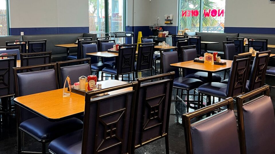 Inside The Blue Skillet Southwest location with diner booths and casual seating in Las Vegas.