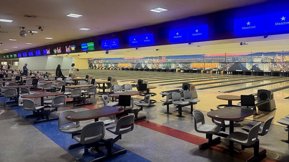 Multiple Brunswick bowling lanes inside Suncoast Lanes at Suncoast Casino in Las Vegas.