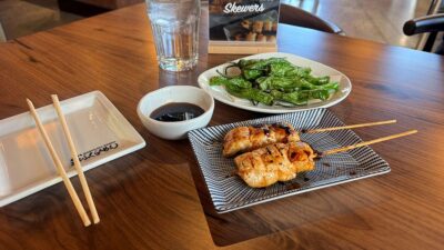 kushiyaki chicken skewers and fried shishito peppers at marufuku ramen in downtown summerlin