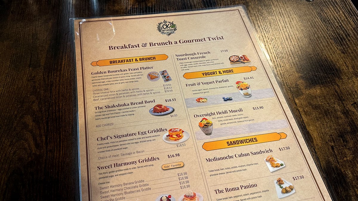 Chef’s Kitchen menu featuring a variety of American and European fusion dishes, coffees, smoothies, and desserts.