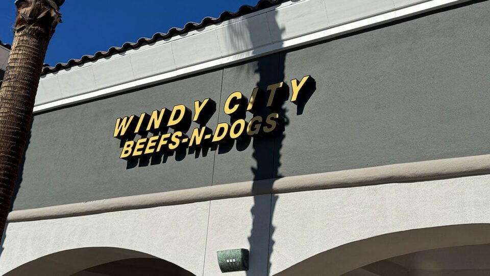 Exterior sign of Windy City Beefs-N-Dogs in Northwest Las Vegas.