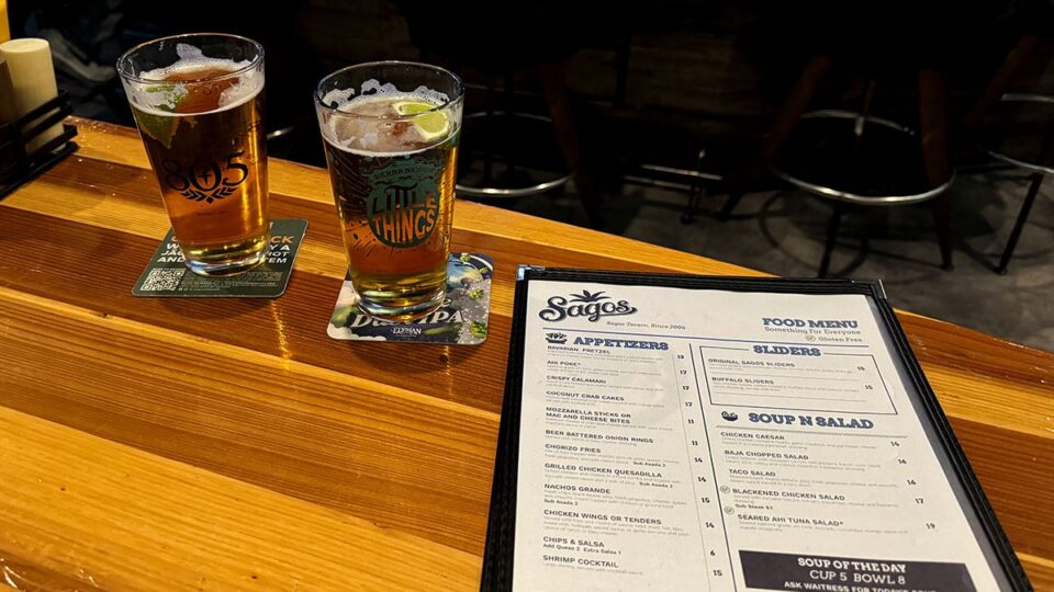 Sagos Tavern menu showing food and drink options.