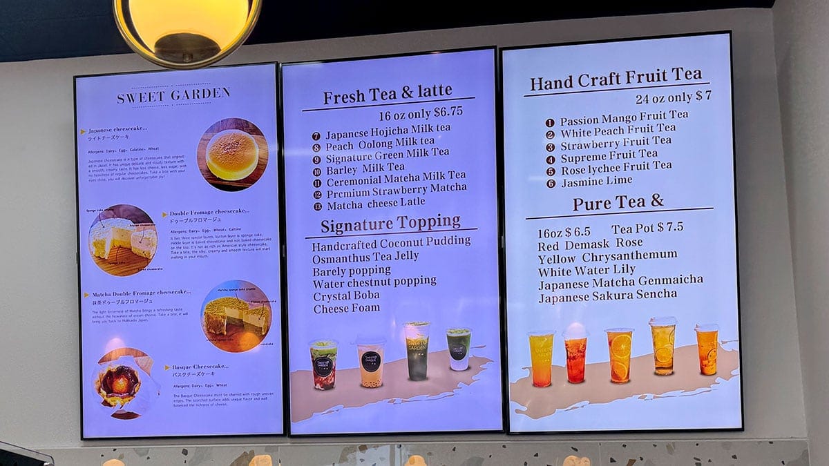 The menu at Sweet Garden Japanese Cheesecake showcasing Japanese-style cheesecakes and specialty desserts.