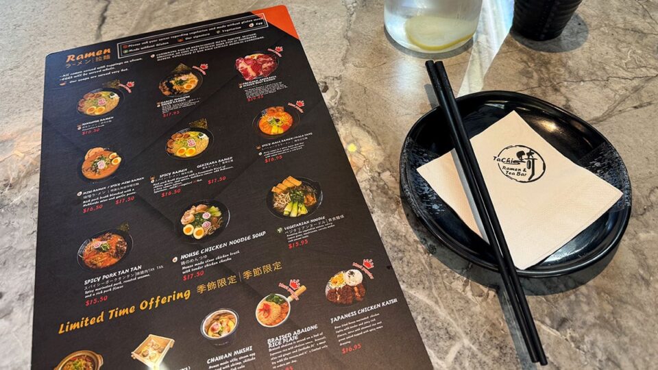 Tachi Ramen menu displaying ramen bowls, yakitori, fried rice, and tea drinks