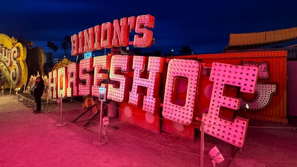 Binion’s Horseshoe neon sign displayed in The Neon Museum boneyard