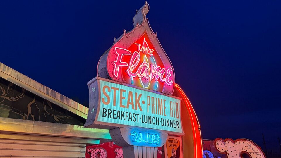 The Flame restaurant neon sign advertising steak and prime rib at The Neon Museum