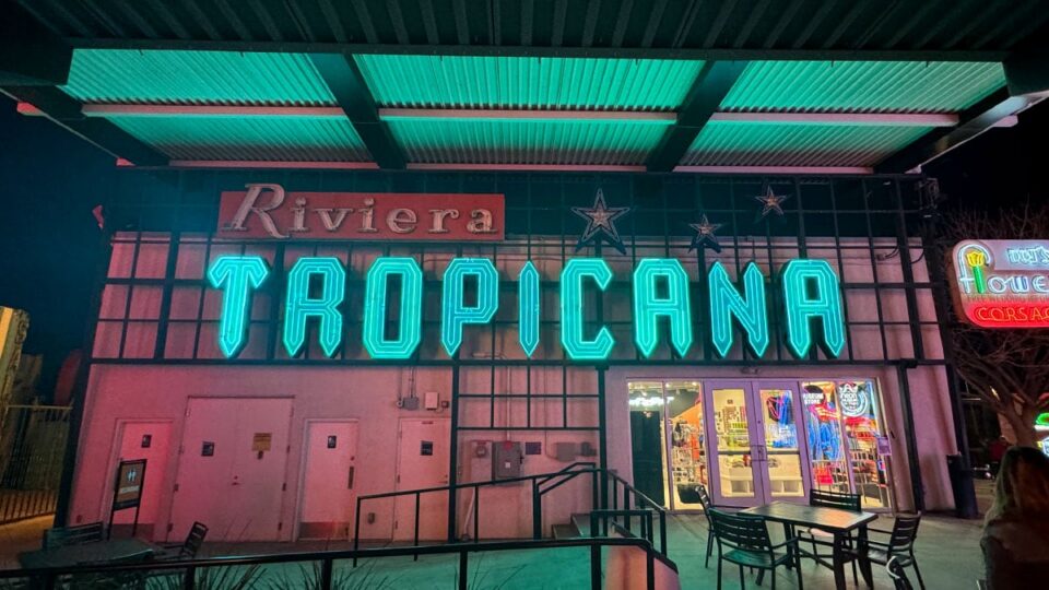 Tropicana neon sign displayed above The Neon Museum souvenir shop