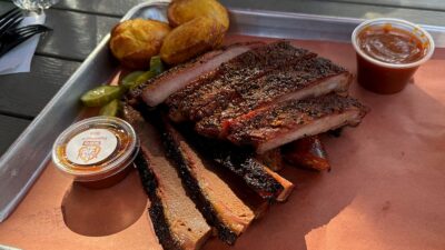 Signature three-meat combo platter at Wild Fig BBQ in Summerlin.