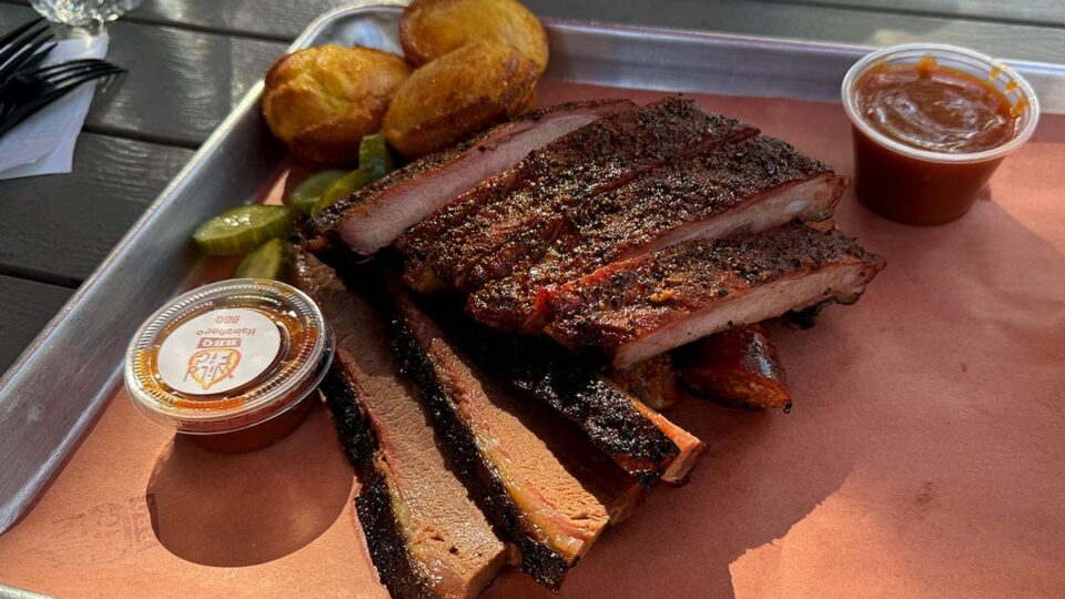 Signature three-meat combo platter at Wild Fig BBQ in Summerlin.