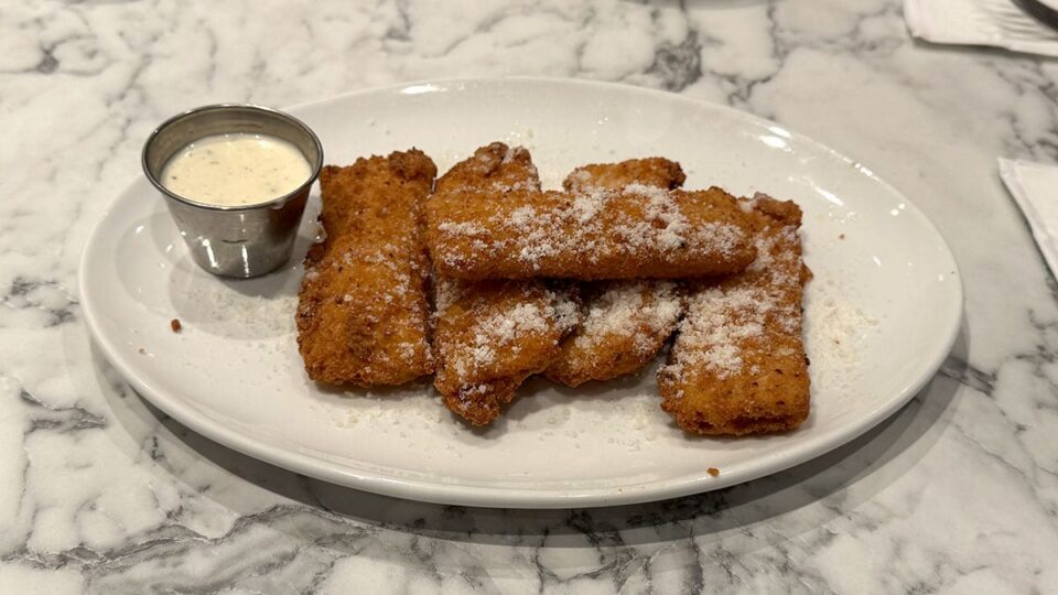 Zucchini Reggiano Parmesan appetizer with crispy zucchini slices at Du-Par's