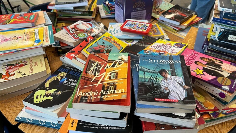 Volunteers sorting donated books into organized groups for distribution