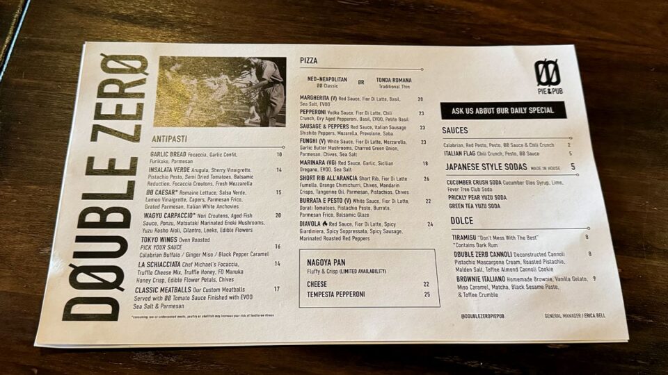 Food menu at Double Zero Pie & Pub featuring pizza and small plates