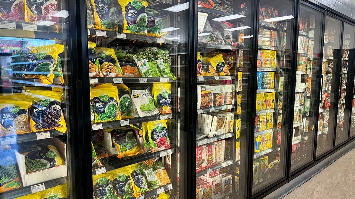 frozen food section at India Mart with Indian meals and products