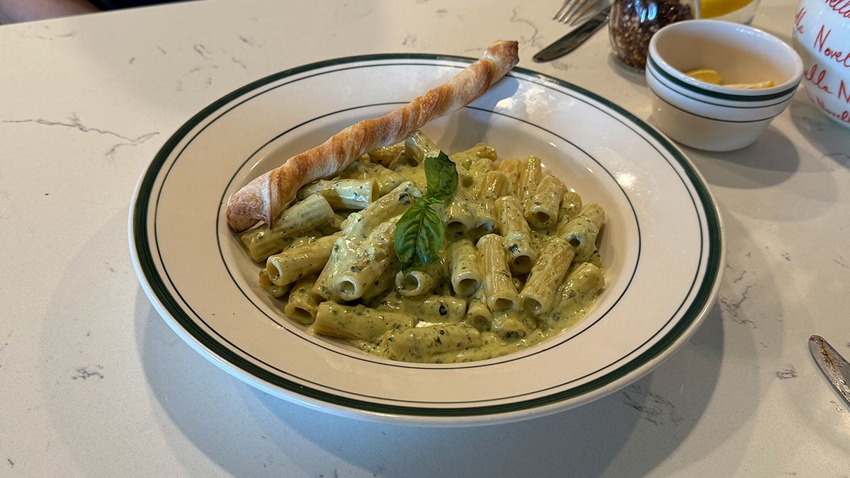 creamy pesto rigatoni pasta dish at novella italian kitchen las vegas