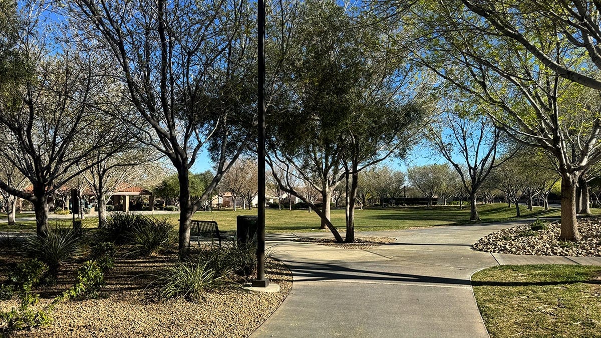 a walking path through Ridgebrook Park in Summerlin