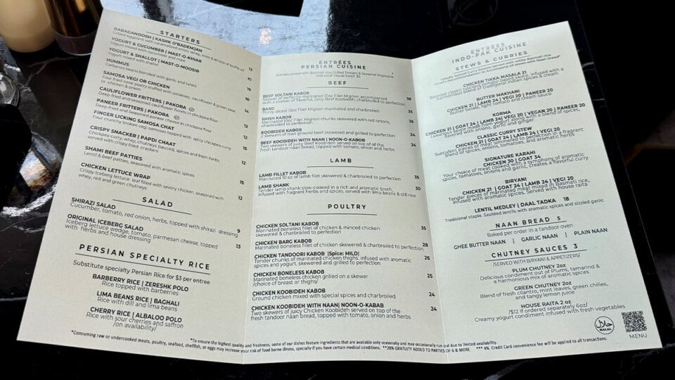 Rumi Room menu featuring Persian and Indo-Pak dishes and specialty items