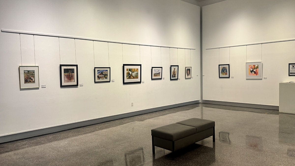 artwork displayed inside Sahara West Library lobby with glass cases and creative exhibits