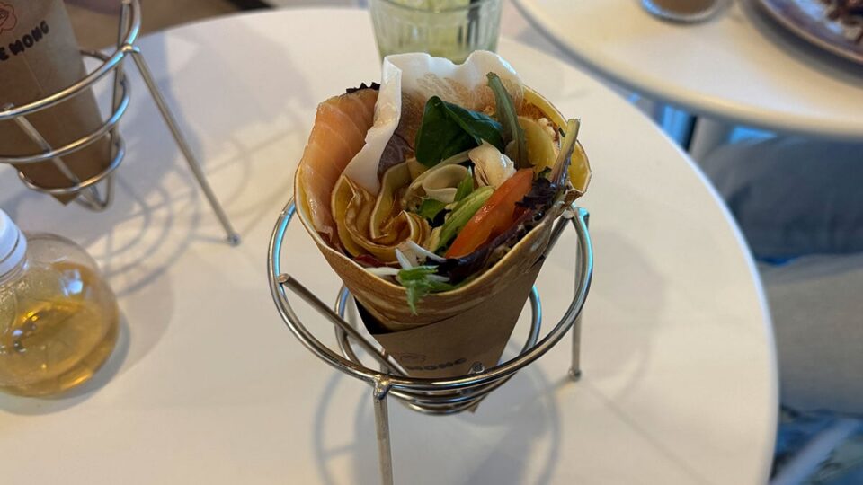 Salmon lox savory crepe with fresh ingredients at Cafe Mong.