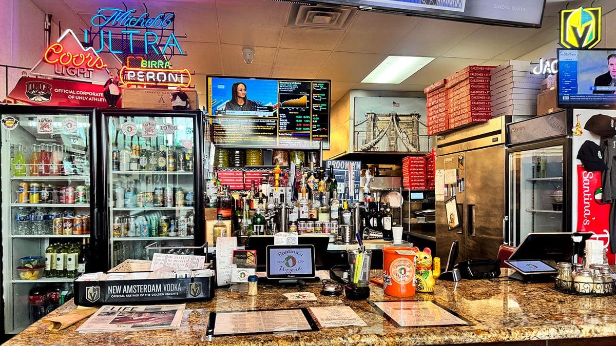 Interior view of the counter and ordering area at Santina’s New York Pizzeria in Las Vegas.