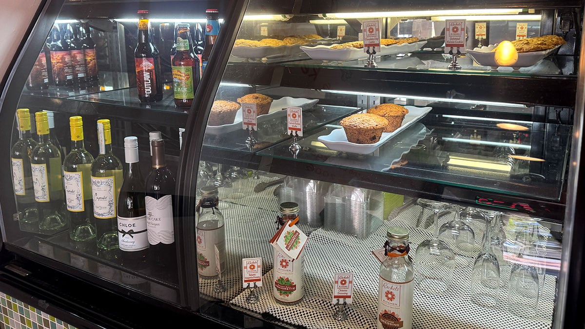 Assorted drinks and pastries at Rachel’s Kitchen including fresh beverages and baked goods displayed