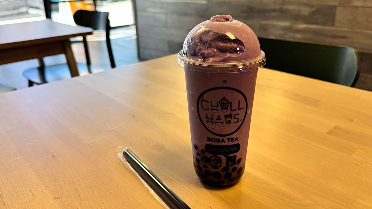 blended taro drink with boba pearls at Chill Haus
