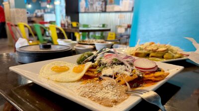 huitlacoche chilaquiles with eggs chorizo and toppings at chile caliente henderson