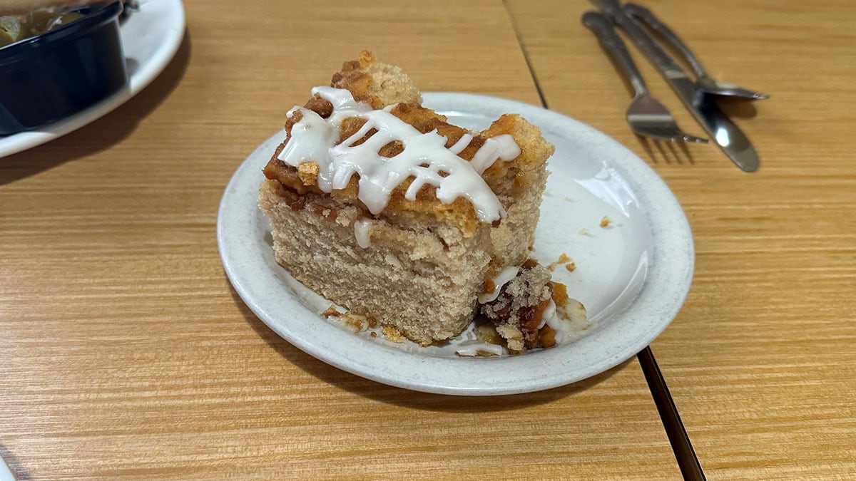 slice of homemade coffee cake served at The Cracked Egg