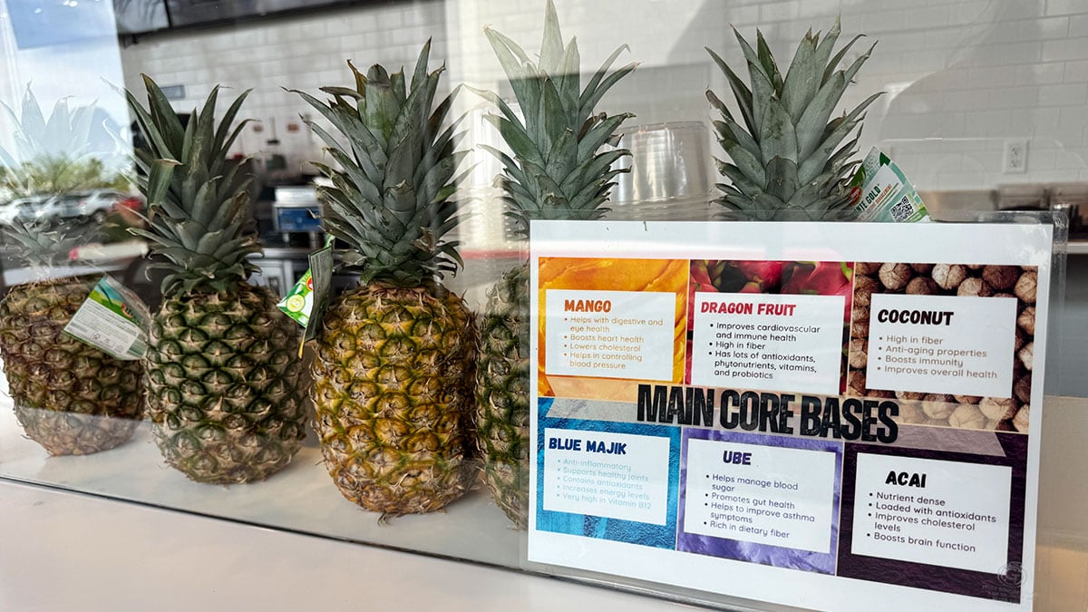 colorful superfood bases including mango acai ube and other flavors at Bowlify