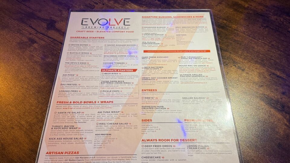 Menu at Evolve Brewing Project in Las Vegas.