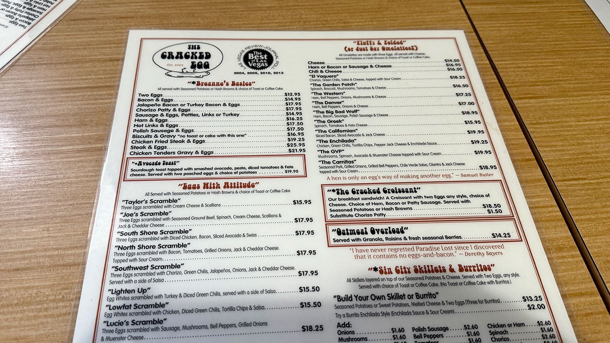 The Cracked Egg menu showing breakfast and lunch options