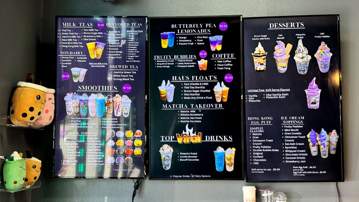 Chill Haus menu showing drinks desserts and toppings