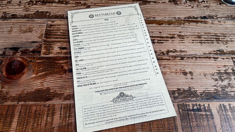 Settebello Pizzeria menu featuring Neapolitan pizzas appetizers and Italian dishes